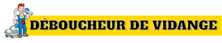 Illustration d'un plombier souriant tenant un piston et une boîte à outils, à côté d'un texte jaune et noir en gras indiquant DÉBOUCHEUR DE VIDANGE, mettant en avant les services de déboucheur et de nettoyage canalisation, sur un fond blanc propre.
